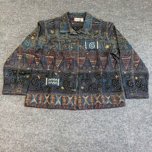 VTG Chico's Suzabell Embroidered Denim Jacket Aztec Boho Beaded Size 3 XL